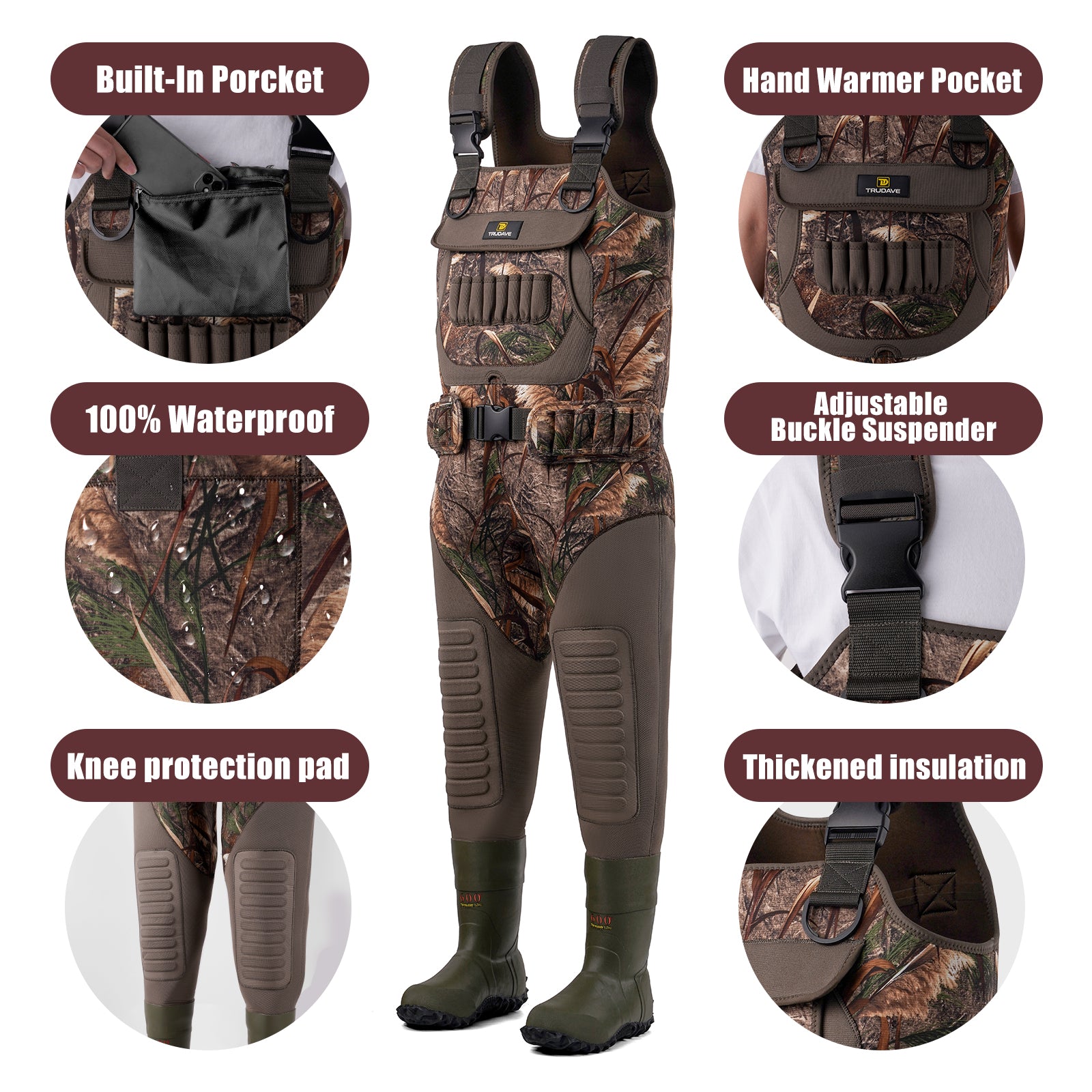 alt="Close-up of Trudave FrostTrail Series men’s waterproof neoprene hunting chest waders with boots in Real Reed camo showing built-in pocket, knee protection pad, hand warmer pocket, adjustable buckle suspenders, thickened insulation, and 100% waterproof seams for ultimate comfort and performance in duck hunting"